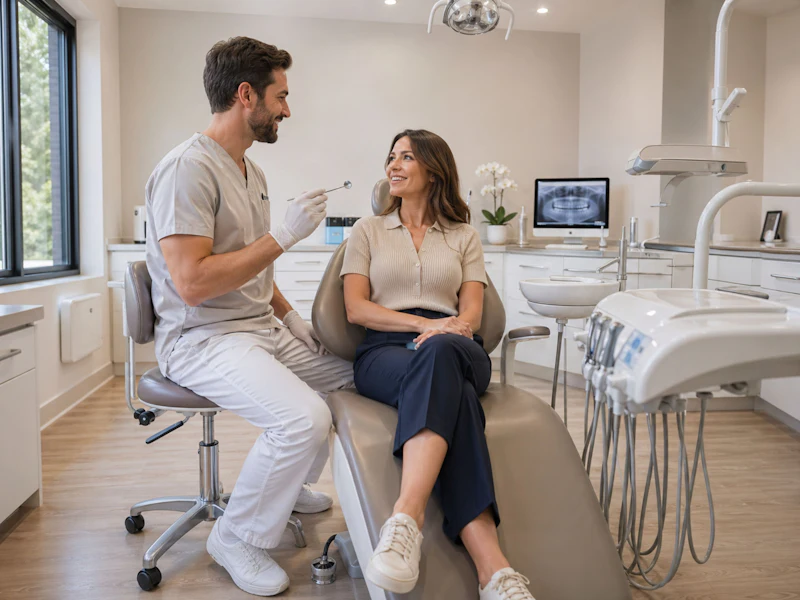 Dentist talking with a patient in a modern dental office