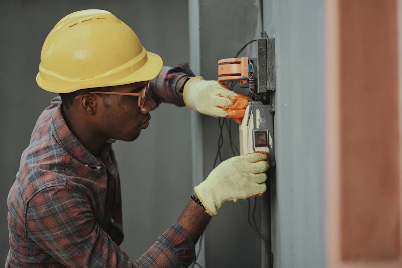 Electrician in a yellow hard hat working on a wiring panel