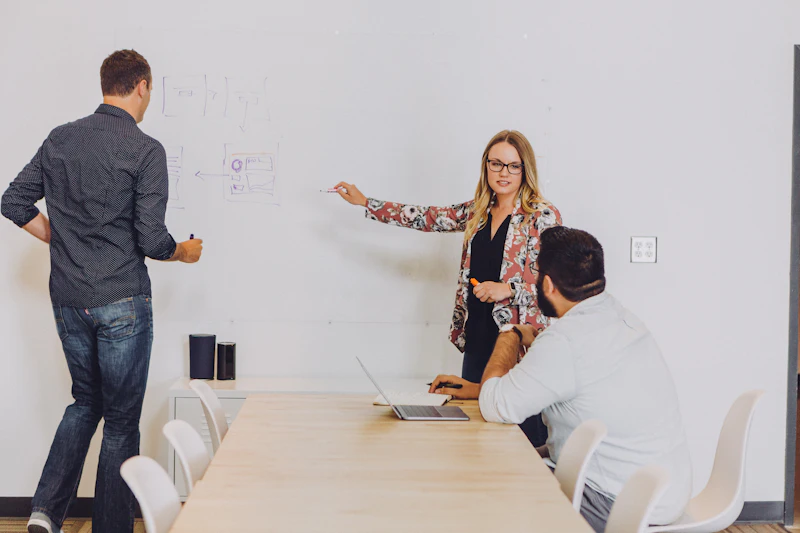 Team mapping out a growth strategy at a whiteboard